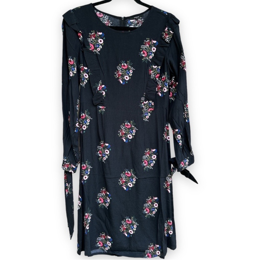 FRNCH | Black Dress with Floral Print, Long Sleeves, and Ruffles- Size M/L